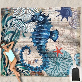 Hiwoss Beach Blanket Waterproof Sandproof Oversized 95”x 80”,Sand Free Beach Mat with Corner Pockets,Portable Mesh Bag for Beach Festival,Picnic,Travel and Outdoor Camping (Seahorse)