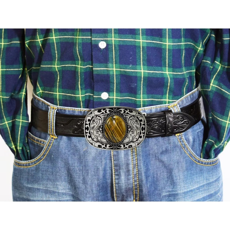 GURANSE Natural Gems Stone Belt Buckle With Acanthus Rectangle Frame
