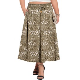Lastshe Women's Plus Size Maxi Skirts Summer Beach Boho Casual Elastic High Waist Flowy Swing Skirt with Pockets,Beige Leopard Print,4X