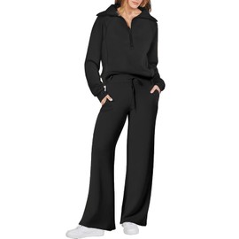 VECVOC Womens 2 Piece Sweatsuits Lounge Joggers Sets Half Zip Sweatshirts with Wide Leg Sweatpants Fall Outfits,Black,S