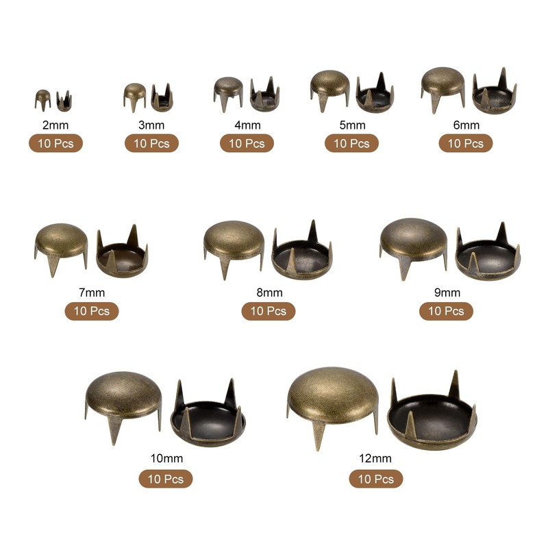 sourcing map 100Pcs Bronze Round Dome Rivets, 10 Sizes Brass