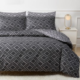 DEKORO Double Duvet Set - Premium Microfibre Double Bedding Set (200 x 200 cm) - Reversible Duvet Cover Sets - Ultrasoft Double Bedding Set Grey Checkered Pattern With Pillow Cases