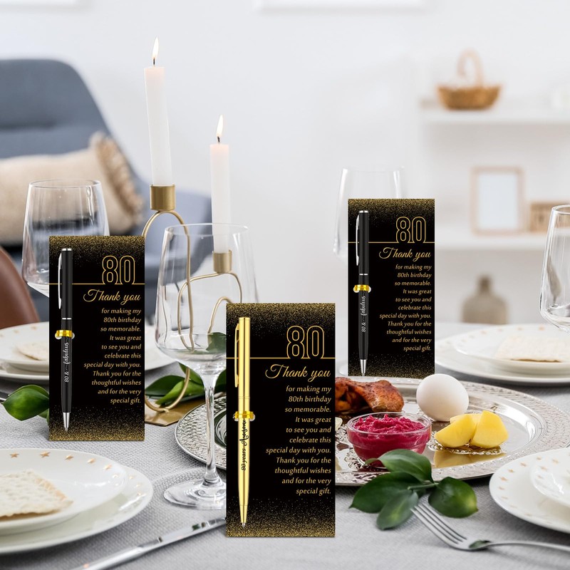 80th Birthday Party Favors with Black Gold Pens Thank You