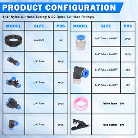 XaXmTee 1/4" DOT Air Line with 24 Pcs Quick Connect Air Fittings Kit 50FT 1/4 DOT Air Lines with Push Lock Air Line Fittings Pneumatic Push to Connect Air Hose Fittings