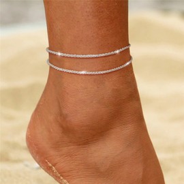 MIDEEO Gold/Silver Ankle Bracelets for Women,14K Gold Anklets for Women Waterproof Cuban Link Heart Beads Herringbone Rhinestone Anklets Set Layered Anklet Bracelets for Women Gold Jewelry Gift
