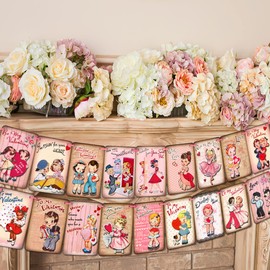 Valentines Day Decor Vintage Valentines Banner Traditional Retro Valentine’s Day Bunting for Home Office Party Decorations Supplies Set Of 18pcs Cards