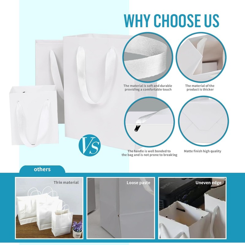 Aosric White Gift Bags with Tissue Paper, 6 Pack, 4x2.8x4.5