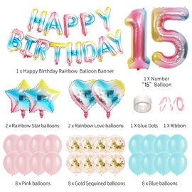 15th Rainbow Birthday Party Decoration for Girls, Boys, Number 15 Birthday Balloons, Happy Birthday Banner, Confetti and Latex Balloons, 15 Years Old Birthday Decoration Supplies