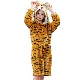 MICHLEY Unisex Boys Girls Hooded Bathrobe Soft Fuzzy Toddler Cartoon Robe Animal Plush Sleepwear for Kids 6-7 Years,Tiger
