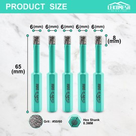 LEKOMESH Diamond Core Drill Bits Tile Hole Saw Cutter 6MM 5pcs HEX Shank Dry Drilling for Porcelain Ceramic Tile Granite Marble Stone Vacuum Brazed Diamond Drill Bits