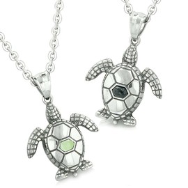 Love Couple Sea Turtles Lucky Charms Simulated Onyx Lime Green Simulated Cats Eye Pendant Necklaces
