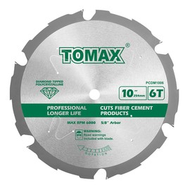 TOMAX PCDM10 Inch 6 Tooth Polycrystalline Diamond Tipped (PCD) Hardie Fiber Cement Saw Blade with 5/8-Inch Arbor