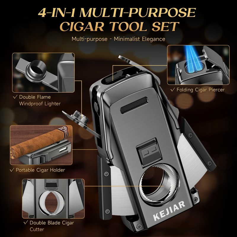 KEJIAR Cigar Lighter, Double Jet Torch Lighter, Built-in Punch, Double