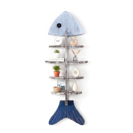 Nautical Fish Bone Wall Shelf, Wooden Coastal Wall Decor with 8 Storage Compartments, Ocean Theme Fish Skeleton Wall Mounted Shelf for Plants, Candles, Keys, Beach House Bathroom Living Room Decor