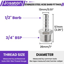 Josaton Barb Hose Fitting 4Pcs Stainless Steel 3/4” Male x 13mm Barb, Hose Barb Connector with Hose Clamp 4 Set Barb Pipe Fitting for Air Water Fuel