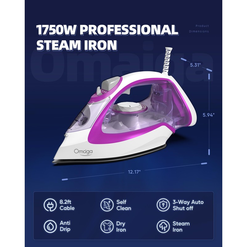 OMAIGA Steam Iron for Clothes, 1750W with Rapid Heating Ceramic
