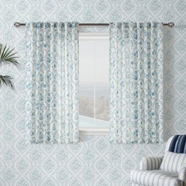 Blue Floral Short Curtains 45 Inch Length for Kitchen Dining Room Back Tab Farmhouse Light Filtering Blue Pattern Print on Cream White Small Linen Cafe Curtain Panel Vintage Farmhouse Room Decor