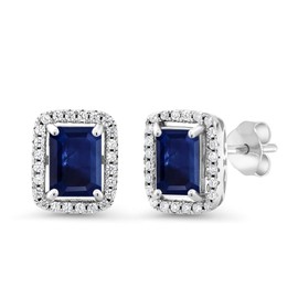 Gem Stone King 925 Sterling Silver Blue Sapphire Women's Earrings (2.90 Cttw, 8X6MM Emerald Cut Gemstone Birthstone)