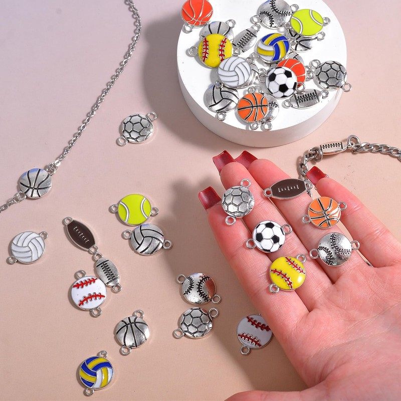 38Pcs Paired Enamel & Silver Football Basketball Baseball Charms for