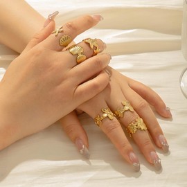 6pcs Mix Flower Shell Starfish Stackable Rings for Women Gold Plated Stainless Steel Ring Waterproof Non Tarnish Gold Plated Stacking Finger Ring,