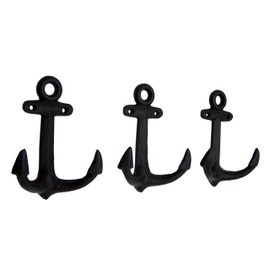 Wowser Nautical Cast Iron Ship Anchor Wall Hooks, 6 Inches, Set of 3 (Black)