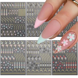 French Line Nail Art Stickers Decals, Gold Line Black White Red Pink Blue Flower Nail Self-Adhesive Sticker Designs, 3D Floral Nail Transfer Decals for Women Girls Manicure Tips Blossom Decorations