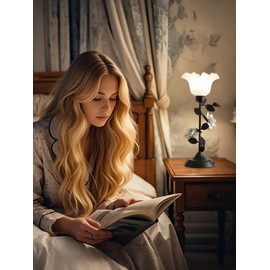 Vintage Flower Table Lamp,LED Reading Light Bedside Floral Night Light,3 Colors Modes Nightstand Lamps Decor,Living Room Bedroom Lighting Desk Lamps Home Decoration (Black)