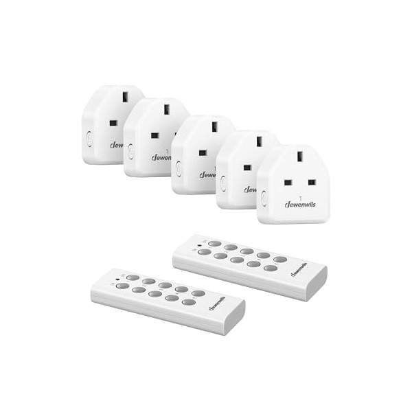 DEWENWILS Wireless Remote Control Sockets, 13A 3120W Heavy Duty Remote Switches, 30M Control Range, Programmable Remote Plug for Vacs, UKCA Listed, 5 Sockets and 2 Remotes