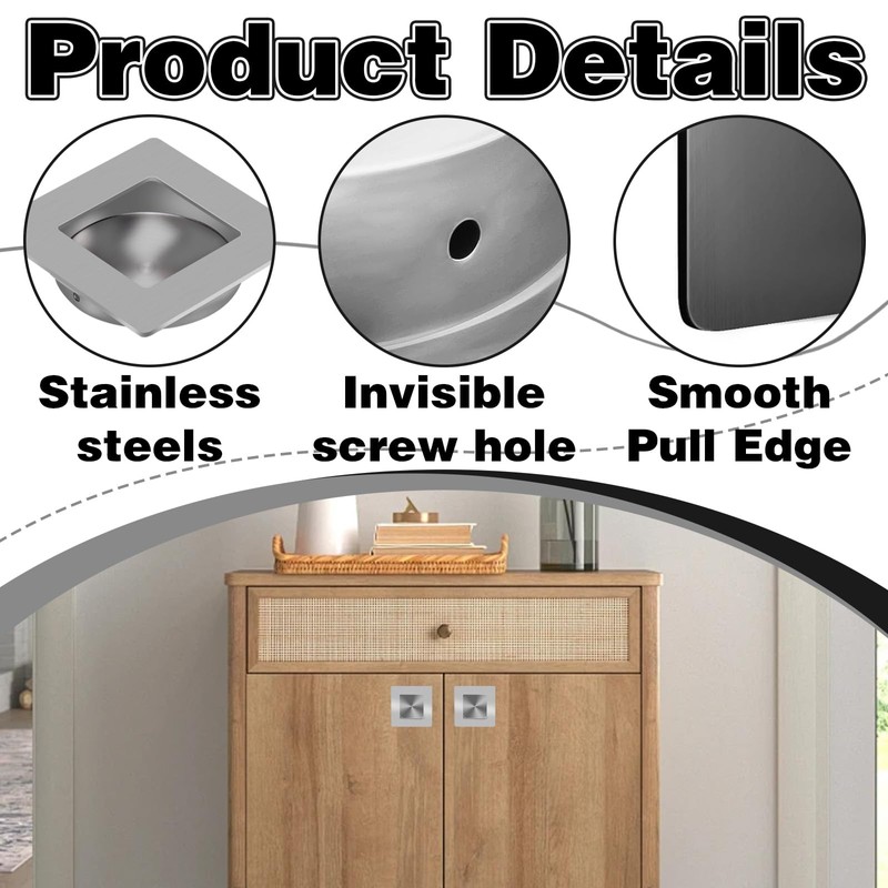 4 Pack Flush Pull Handle for Door, Square Stainless Steel