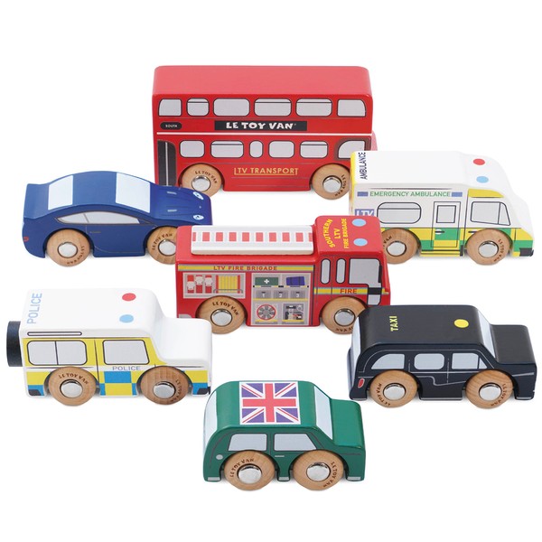 Le Toy Van London Car Set Premium Wooden Toys for Kids Ages 3 Years & Up (TV267), 7-pk