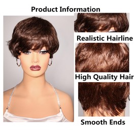 CRYSTALHAIR Pixie Cut human hair for black women Chocolate Brown Wigs Human Hair Wavy Wig Bob Cut Short Loose Wavy Glueless Wig With Bang None Lace Front Wigs 180% Density 5inch for Women Lad