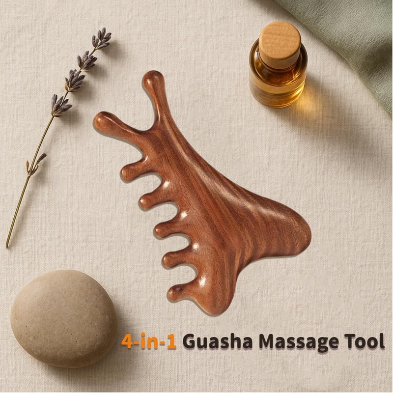 4-in-1 Gua Sha Massage Tool, Natural Wood Face Massager