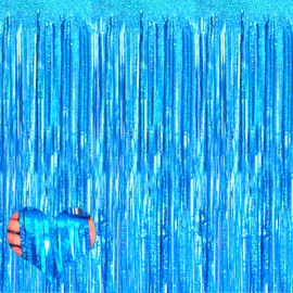 4 Pack New Blue Fringe Curtain Backdrop, 3.2Ft x 8.2Ft Sparkle Metallic Tinsel Foil Fringe Streamers Background for Photo Booth Birthday Wedding Baby Shower Party Thanksgiving Christmas Decorations