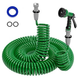 SPECILITE 3/8" Lightweight Coil Garden Hose 100FT, EVA Flexible Curly Water Pipes with 6-Pattern Spray Nozzle for Boat, Greenhouse, Yard, Patio, Green