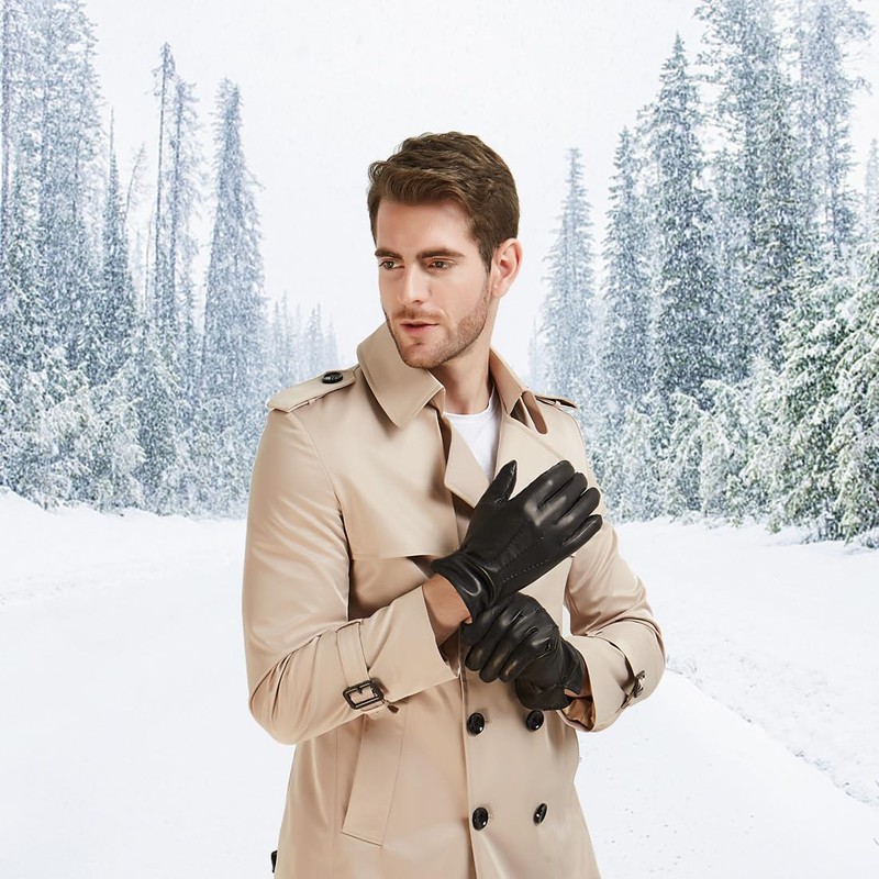 Harssidanzar Leather Gloves For Mens Comfort Cashmere Lined Gloves GMUK006,Black,Size