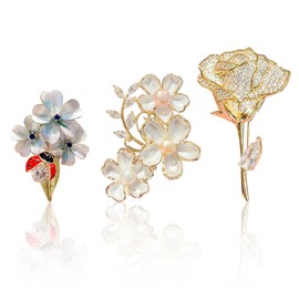 FOSDICK Pack of 3 Women's Crystal Flower Brooch Pins Brooches for Clothing Lapel Pins with Rhinestone Wedding Bouquet Pins Pin Brooch Gold White Elegant Pin Badge, Acrylonitrile Butadiene Styrene