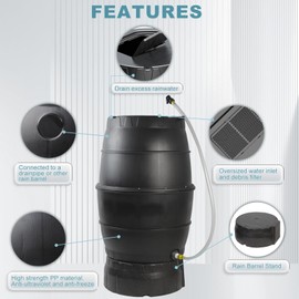 SQUEEZE master SQUEEZE master 50 Gallon Rainwater Collection Barrel with Stand-BPA Free Home Rain Catcher with Outlet Hose-Flatback Designed Water Storage Collection Barrel for Gardens and Plants