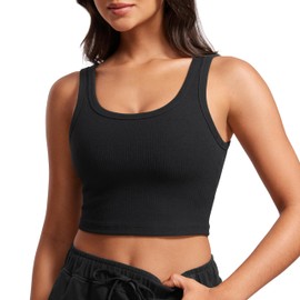 CRZ YOGA Womens Ribbed Longline Sports Bra - U Neck Padded Yoga Bra Workout Crop Tank Top with Built in Bra Black X-Large
