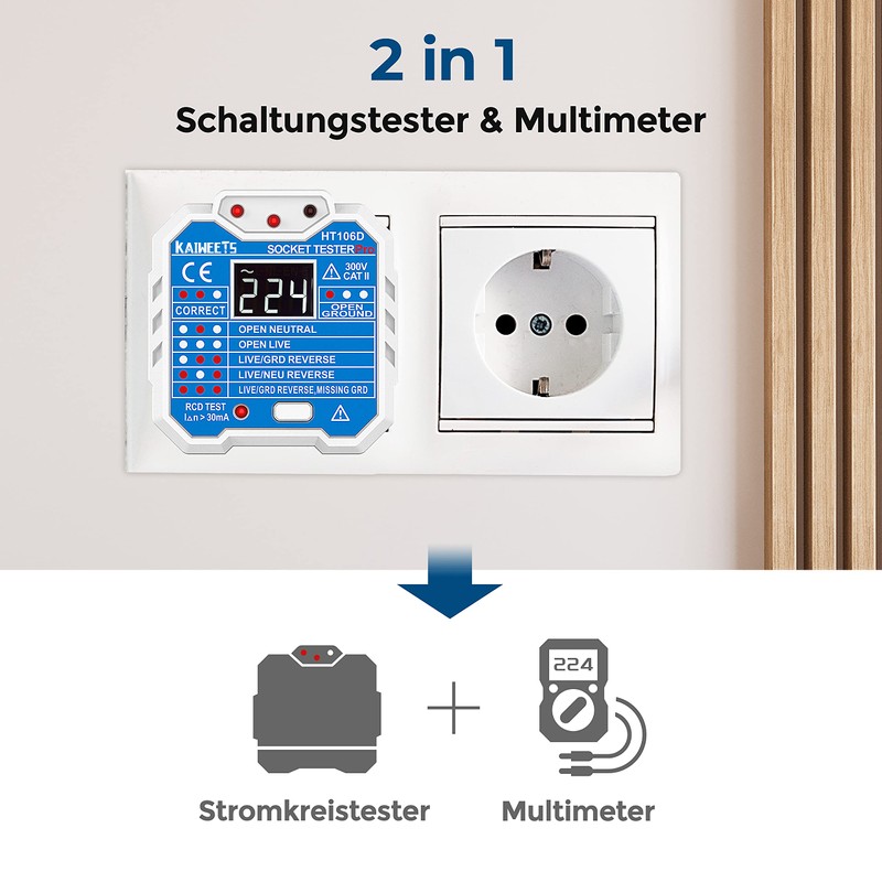 KAIWEETS Socket tester with RCD test and LCD voltage display,