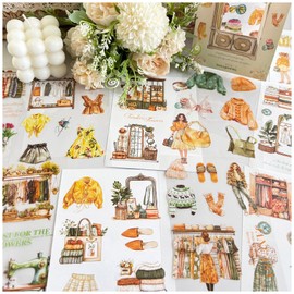 Flake Stickers Collage Material Set Retro Girls PET Washi Paper Cute Fretime Collage Material Large Capacity Stickers Stylish Notebook Deco Vintage Girl Clothes (Letter)