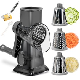 Maxceysen 3 in 1 Manual Vegetable Cutter Machine with Stainless Steel Changeable Blades Rotary Cheese Grater Kitchen Tool Potato Slicer Shredder Nuts Chocolate Chopper (Transparent black)