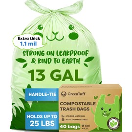 13 Gallon Compostable Trash Bags (40 Count) — Leakproof Plant-based Thick (1.1 Mil) Tall Kitchen Garbage Bags — ASTM D6400 BPI Certified — Heavy-Duty Large Food Scrap Liner Bag with Handle-Tie