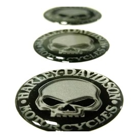 Kit of 3 Resin Skull HD Stickers, Compatible with Harley Models, Black/Silver. Each single sticker measures 35 mm