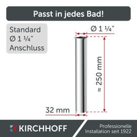 Kirchhoff 98848118 Immersion Pipe for Siphon 25 cm Chrome, Pipe Extension 250 mm for Bottle Siphon and Tube Siphon, 1 1/4 Inch, Extra Long Additional Pipe for Sink Drain, Stainless Steel Drain