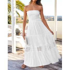 ZESICA ZESICA Women's 2024 Summer Bohemian Strapless Off Shoulder Lace Trim Backless Flowy A Line Beach Long Maxi Dress,White,Small