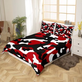 Kinder Jungen Camo Bettbezug Army Camouflage Bettwäsche-Set für Mädchen Teenager Jugend Mann Buntes Muster Art Decor Bettwäsche 135x200 cm Schwarz Rot Weiß Bettwäsche mit 1 Kissenbezügen