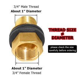 Hooshing 2PCS Brass Bulkhead Fitting 3/4“ Male x 3/4" Female Thread Water Tank Connector for Rain Barrels, Aquariums, Tubs, Pools