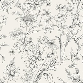 Hopepak Black and Cream White Wallpaper Floral Peel and Stick Wallpaper 17.3''x78.7'' Self Adhesive Removable Vintage Wall Paper for Bedroom Flower Boho Contact Paper for Cabinets Drawers Vinyl