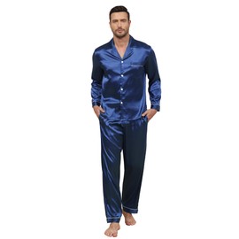 TeJoyce Mens Silk Pyjamas Set Satin Pyjamas for Men Long Sleeve and Pants PJs Button Down Nightwear Loungewear with Pockets Navy Blue