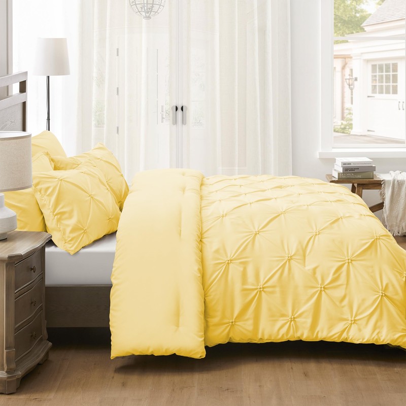 UNIKOME King Size Comforter Set Yellow - Lightweight Soft Pintuck